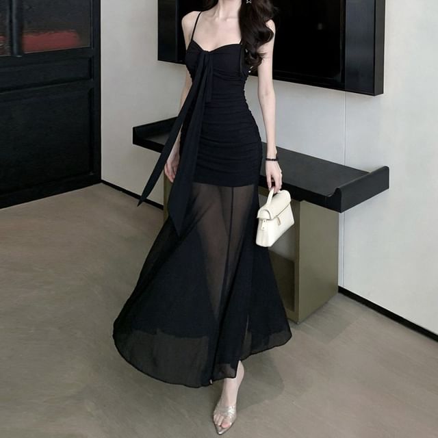 Spaghetti Strap V-Neck Trained Plain Maxi A-Line Dress