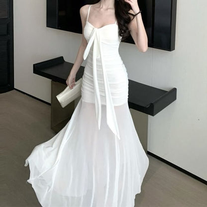 Spaghetti Strap V-Neck Trained Plain Maxi A-Line Dress