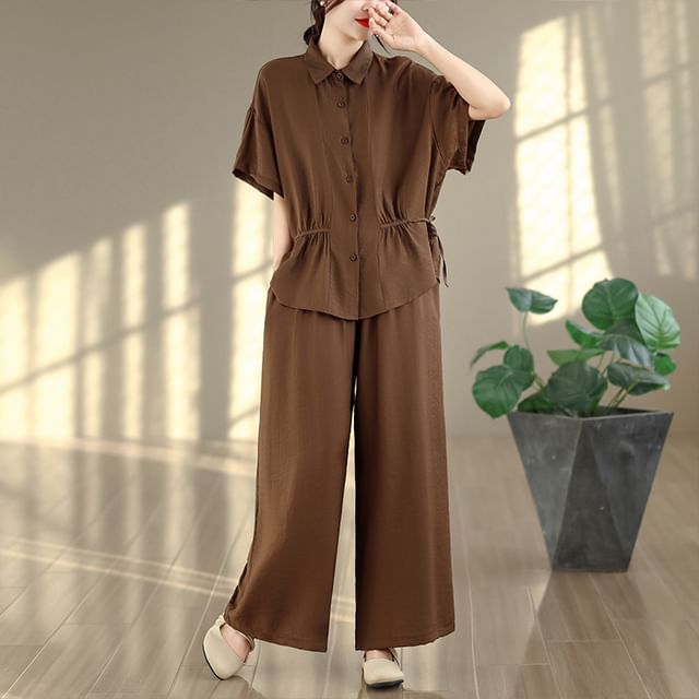 Short Sleeve Drawstring Button-Up Shirt and Mid Rise Wide Leg Pants Set