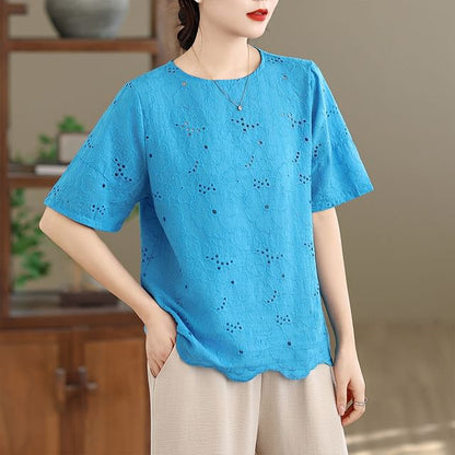 Short Sleeve Crew Neck Lace Blouse