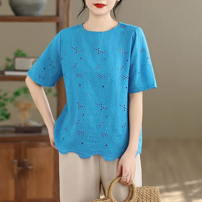 Short Sleeve Crew Neck Lace Blouse