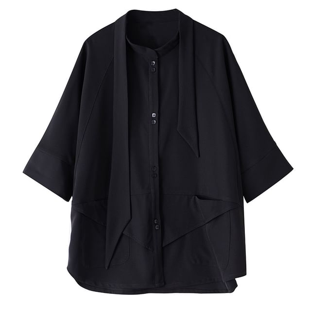 Short Sleeve Asymmetrical Solid Button-Up Blouse