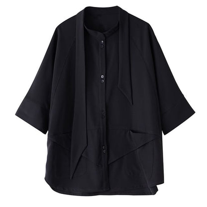 Short Sleeve Asymmetrical Solid Button-Up Blouse