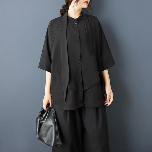 Short Sleeve Asymmetrical Solid Button-Up Blouse
