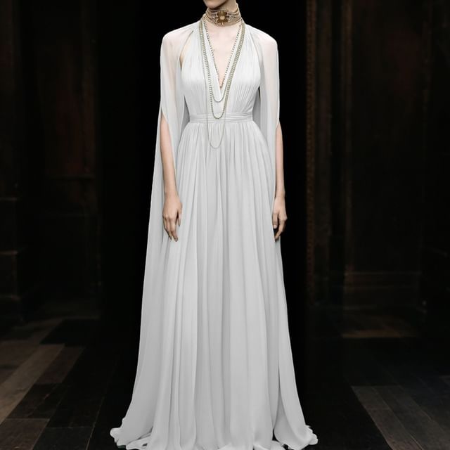Cape Sleeve Deep Plunge Plain Ruched Maxi A-Line Dress