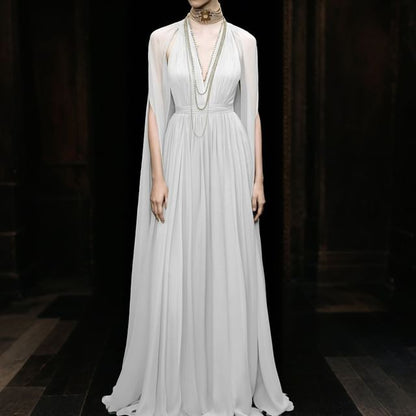 Cape Sleeve Deep Plunge Plain Ruched Maxi A-Line Dress