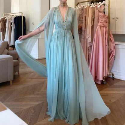 Cape Sleeve Deep Plunge Plain Ruched Maxi A-Line Dress