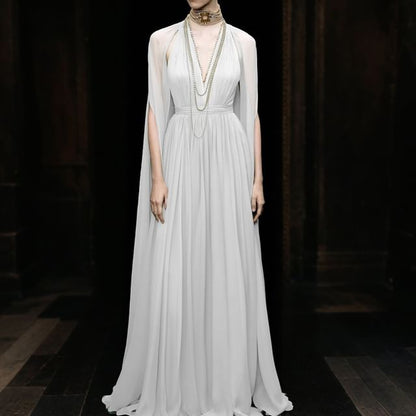 Cape Sleeve Deep Plunge Plain Ruched Maxi A-Line Dress