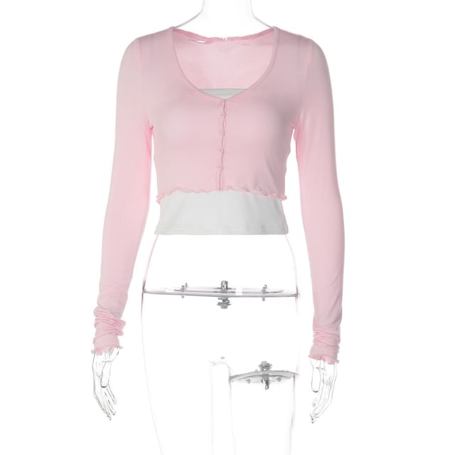 Long Sleeve Scoop Neck Plain Ruffled-Trim Cropped Light Cardigan with Tube Top