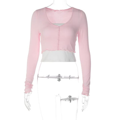 Long Sleeve Scoop Neck Plain Ruffled-Trim Cropped Light Cardigan with Tube Top