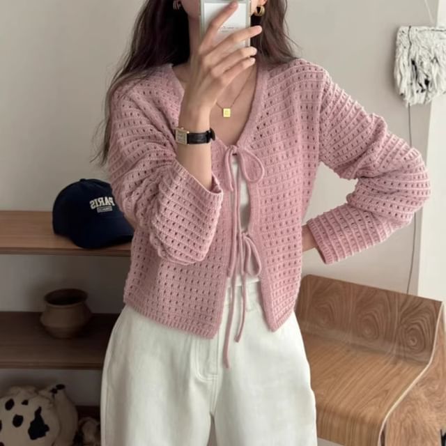 V-Neck Crochet Plain Crop Cardigan