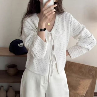 V-Neck Crochet Plain Crop Cardigan