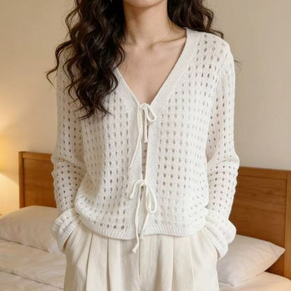 V-Neck Crochet Plain Crop Cardigan