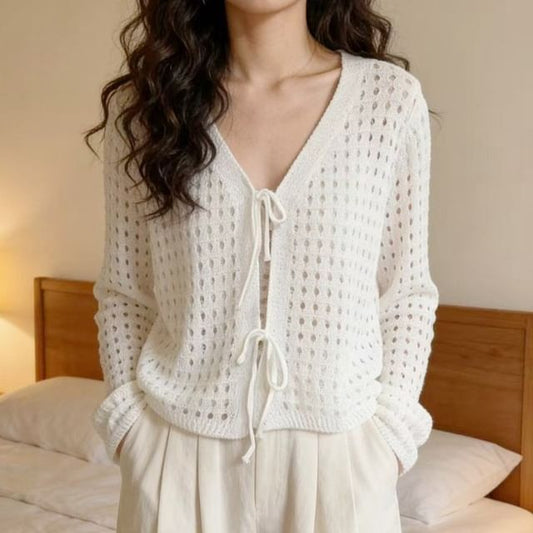 V-Neck Crochet Plain Crop Cardigan