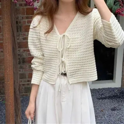 V-Neck Crochet Plain Crop Cardigan