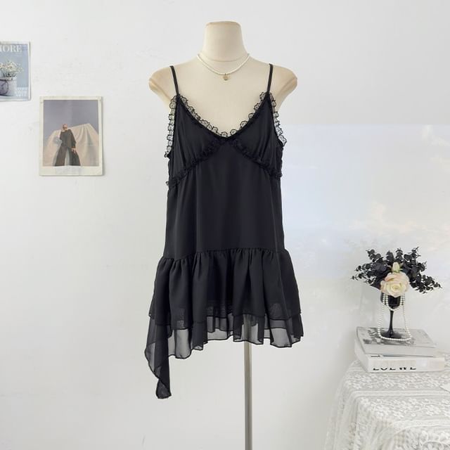 Spaghetti Strap V-Neck Plain Ruffle Asymmetrical Lace Mini A-Line Dress