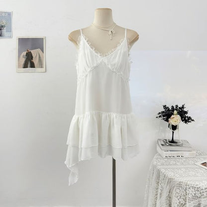 Spaghetti Strap V-Neck Plain Ruffle Asymmetrical Lace Mini A-Line Dress