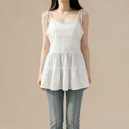 Spaghetti Strap Plain Ruffle Panel Mini A-Line Dress