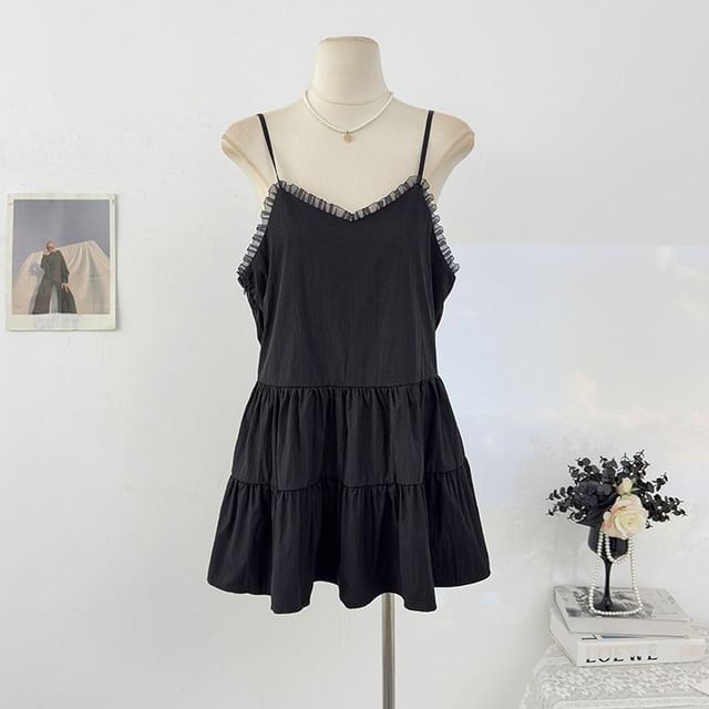 Spaghetti Strap Plain Ruffle Panel Mini A-Line Dress