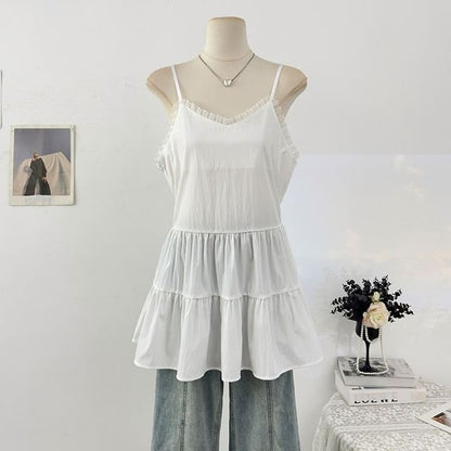 Spaghetti Strap Plain Ruffle Panel Mini A-Line Dress