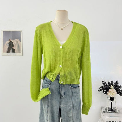 V-Neck Plain Cable Knit Cardigan