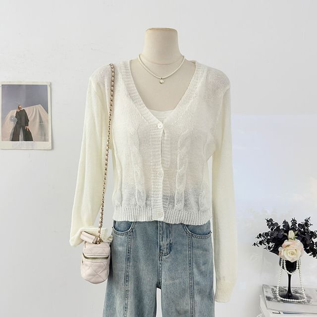 V-Neck Plain Cable Knit Cardigan
