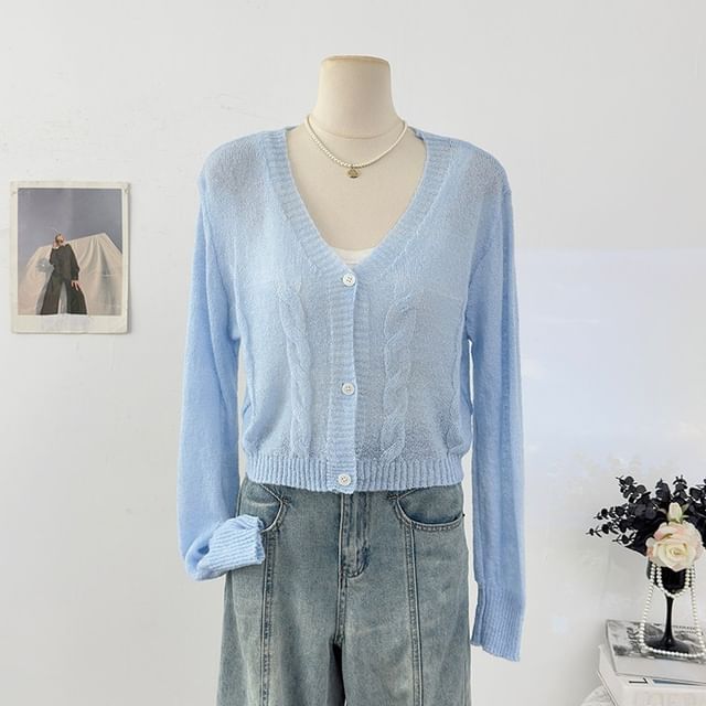 V-Neck Plain Cable Knit Cardigan