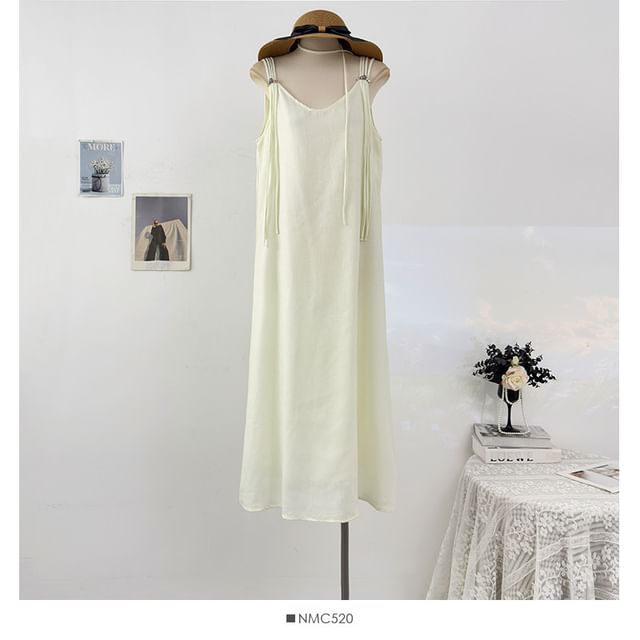 Spaghetti Strap Plain Beaded Tie-Waist Maxi A-Line Dress