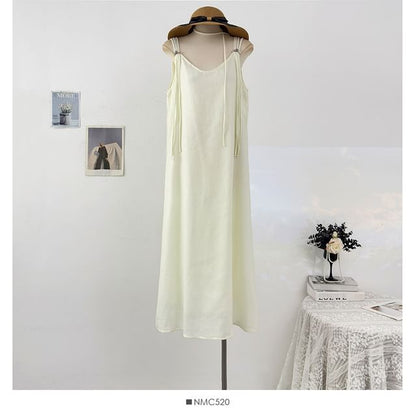 Spaghetti Strap Plain Beaded Tie-Waist Maxi A-Line Dress