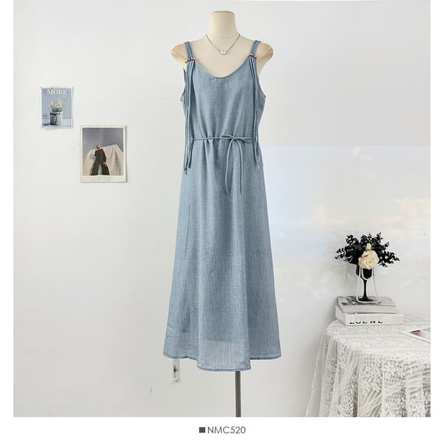 Spaghetti Strap Plain Beaded Tie-Waist Maxi A-Line Dress
