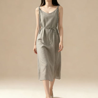 Spaghetti Strap Plain Beaded Tie-Waist Maxi A-Line Dress