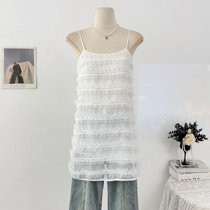 Spaghetti Strap Plain Frill Mesh Mini A-Line Dress