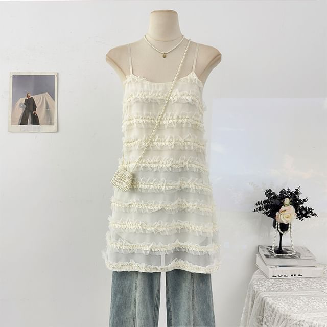 Spaghetti Strap Plain Frill Mesh Mini A-Line Dress