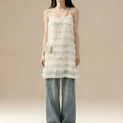 Spaghetti Strap Plain Frill Mesh Mini A-Line Dress