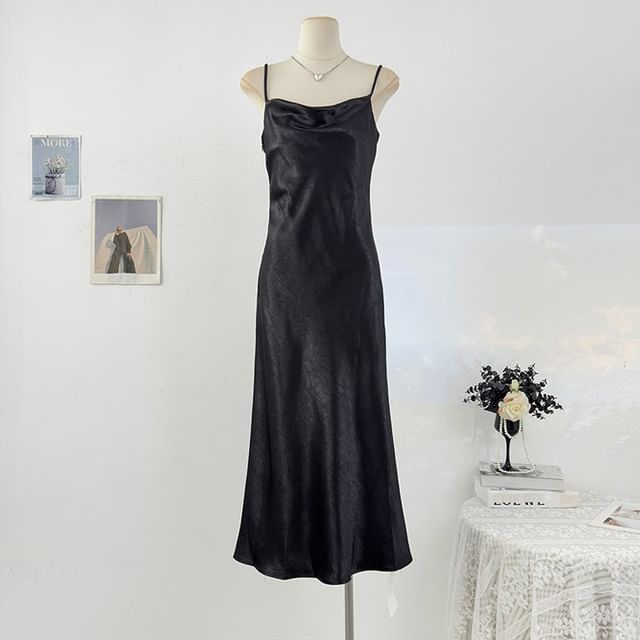 Spaghetti Strap Plain Satin Maxi A-Line Dress