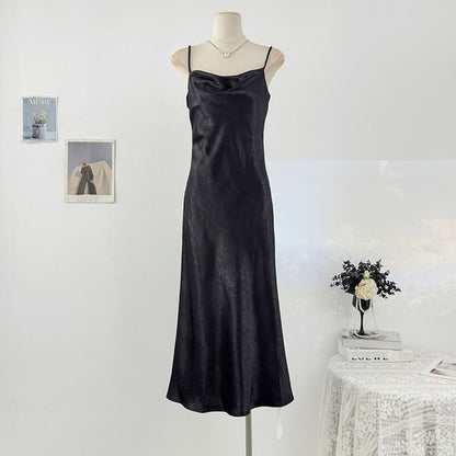 Spaghetti Strap Plain Satin Maxi A-Line Dress