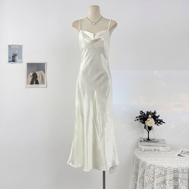Spaghetti Strap Plain Satin Maxi A-Line Dress