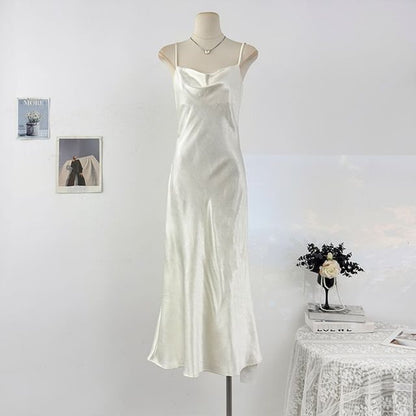 Spaghetti Strap Plain Satin Maxi A-Line Dress