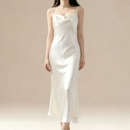 Spaghetti Strap Plain Satin Maxi A-Line Dress