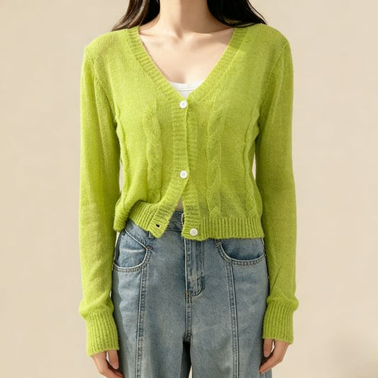 V-Neck Plain Cable Knit Cardigan