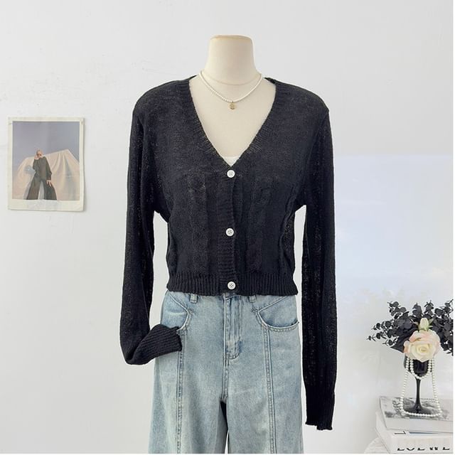 V-Neck Plain Cable Knit Cardigan