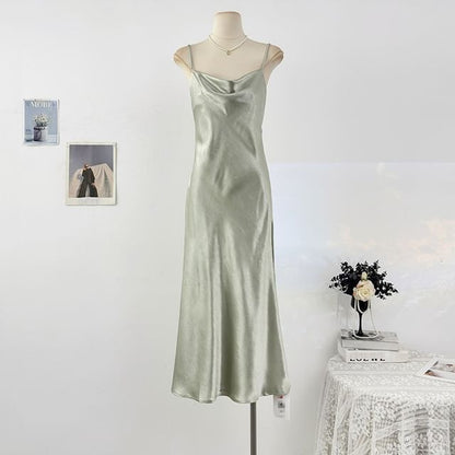 Spaghetti Strap Plain Satin Maxi A-Line Dress