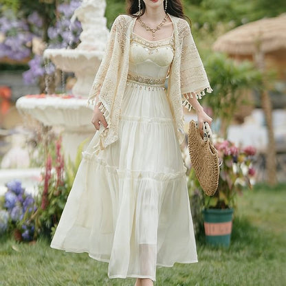 Spaghetti Strap Sheer Maxi A-Line Dress / Tasseled Cardigan / Set