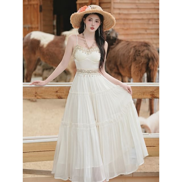 Spaghetti Strap Sheer Maxi A-Line Dress / Tasseled Cardigan / Set