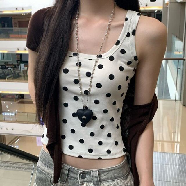 Scoop Neck Polka Dot Tank Top / Short Sleeve Plain Tie Front Cardigan