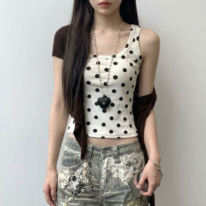 Scoop Neck Polka Dot Tank Top / Short Sleeve Plain Tie Front Cardigan