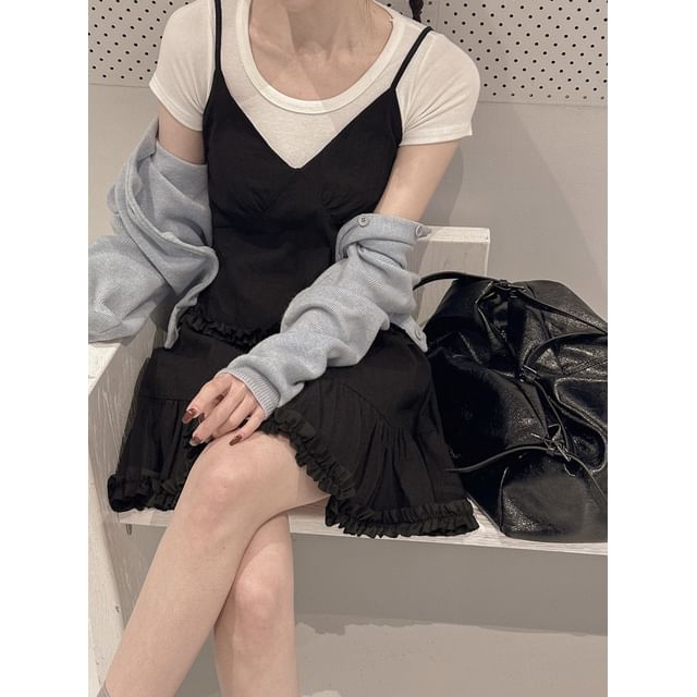 Spaghetti Strap V-Neck Ruffled MIni A-Line Dress