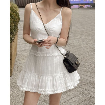 Spaghetti Strap V-Neck Ruffled MIni A-Line Dress