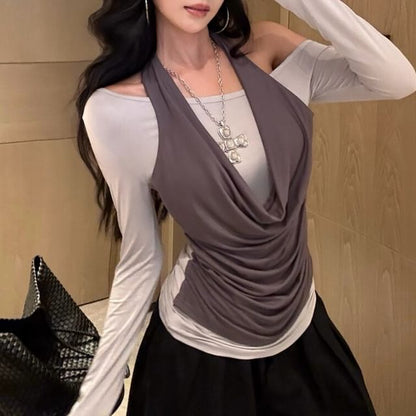 Mock Two-Piece Cold Shoulder Long Sleeve Two-Tone Shirred Top