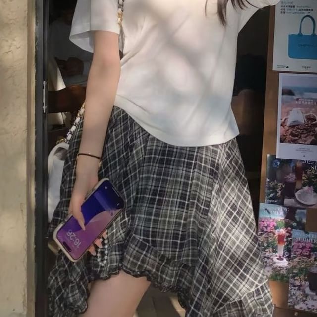 Short Sleeve Crew Neck Solid Tee and High Waist Plaid Asymmetrical Mini Skirt